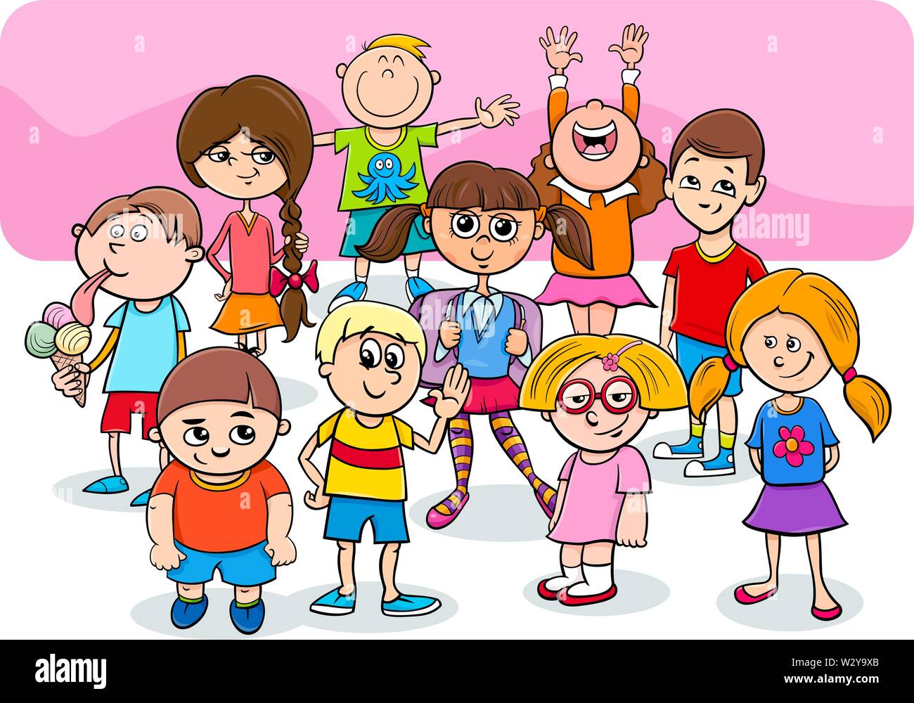 Ilustración de dibujos animados de los niños en edad preescolar o de  Primaria grupo de caracteres Imagen Vector de stock - Alamy