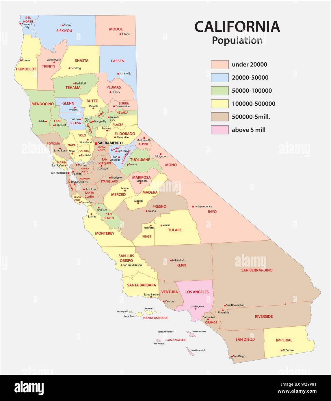Mapa del condado administrativo del estado federal de California por densidad de población Ilustración del Vector