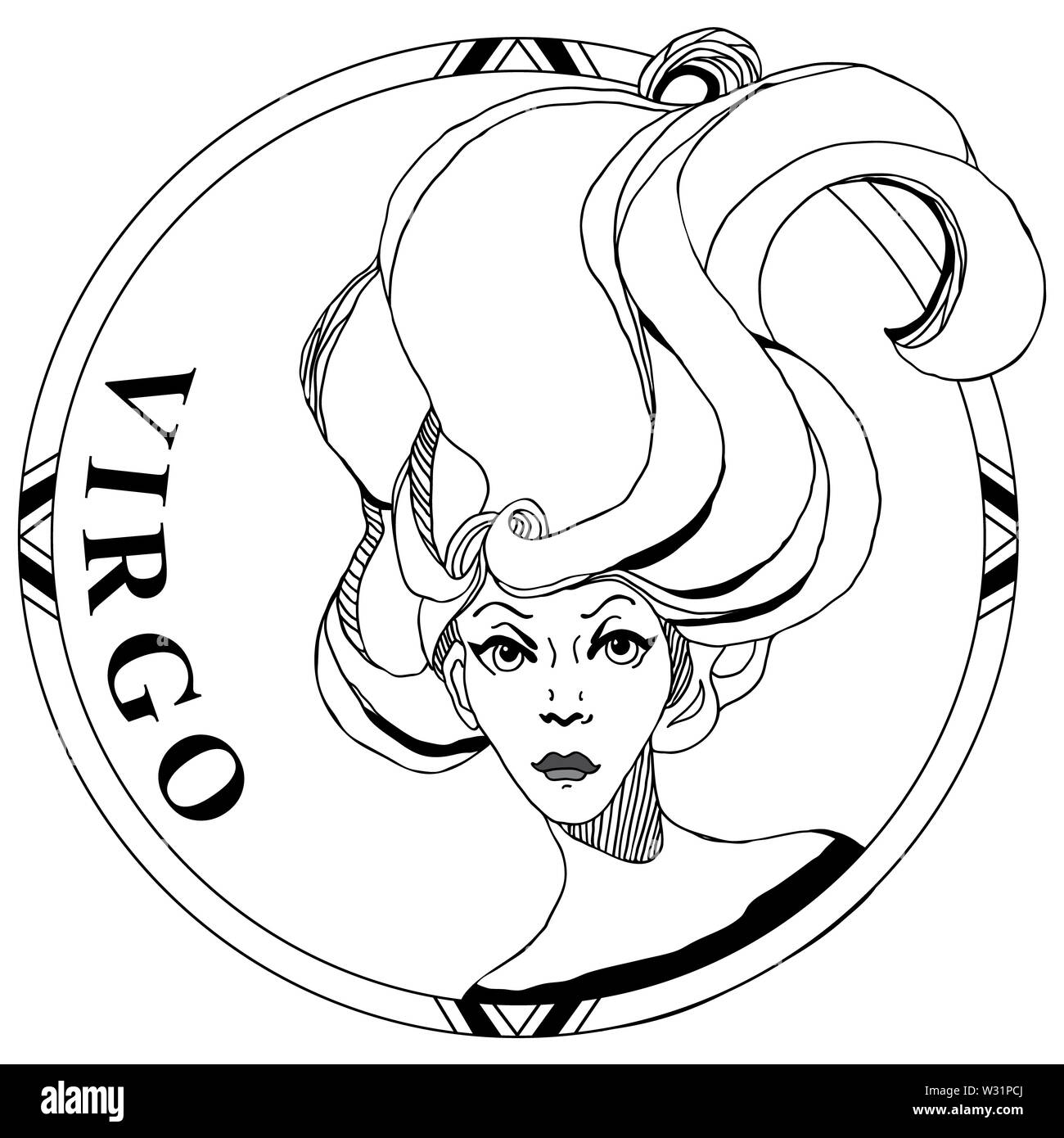 Ilustracion Vectorial De Signos Del Zodiaco De Virgo Hermosa Chica Con El Pelo Largo En Redondo En El Bastidor Line Art Diseno Para Tatuaje Ilustracion Para Colorear Fotografia De Stock Alamy
