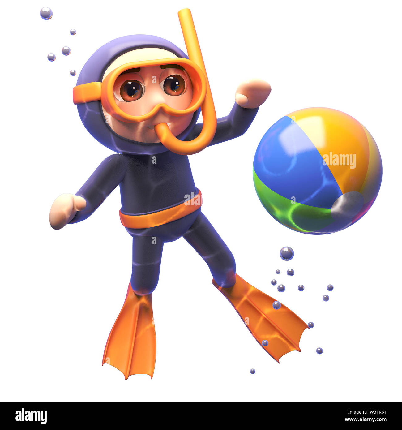 Divertida caricatura Scuba Diver snorkel mirando un submarino beachball