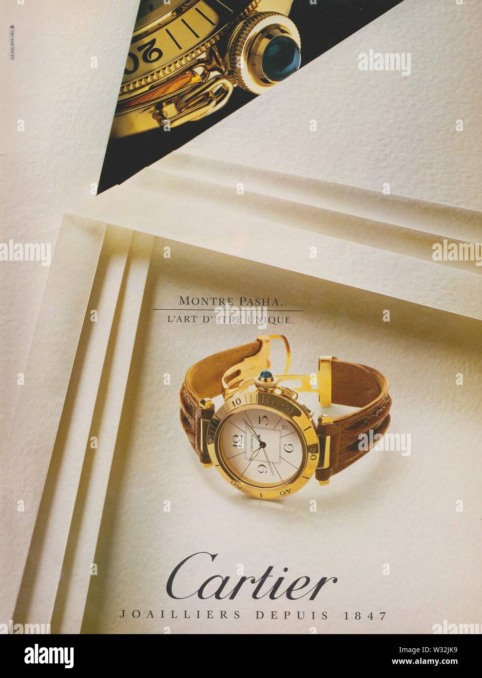 Cartel de publicidad de Cartier watch en la revista desde 1993