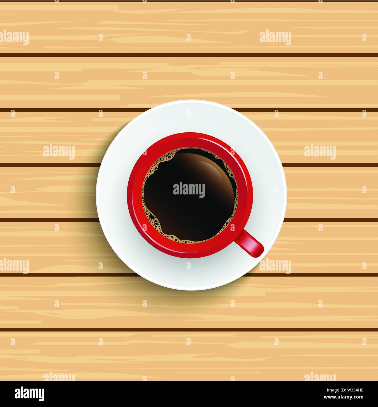Vista superior realista rojo de la taza de café sobre la mesa de madera. Ilustración del Vector