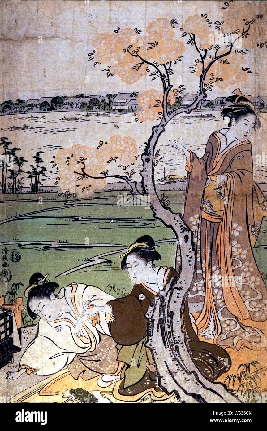 Hanami en Mukojima, por Torii Kiyonaga, xilografía, impresión del período Edo, siglo XVIII Foto de stock