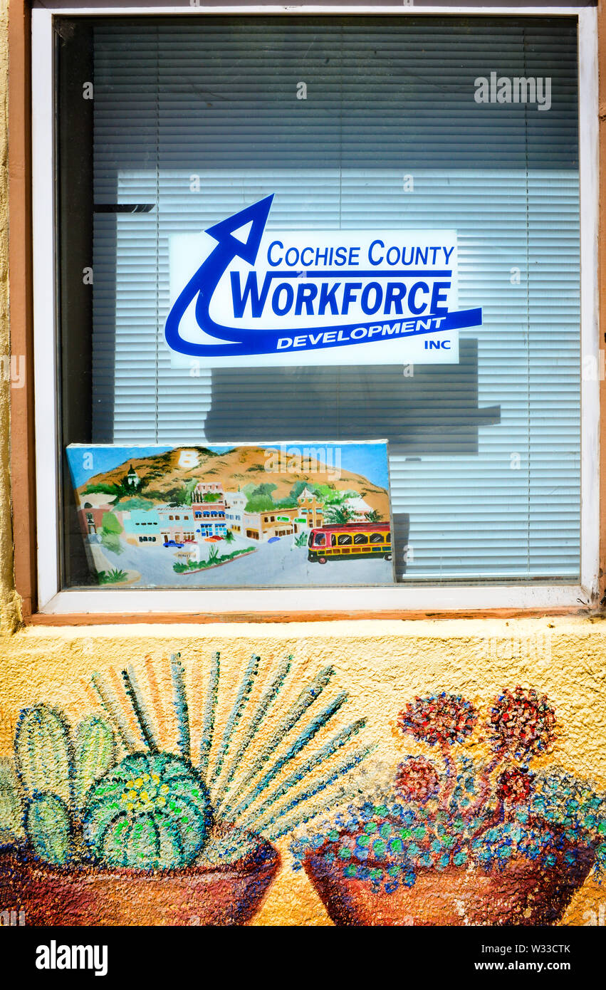 Encantadora pared arte de cactus y suculentas en la pared debajo de la ventana de la Oficina de Desarrollo de la Fuerza Laboral del Condado de Cochise en Bisbee, Arizona, EE.UU. Foto de stock
