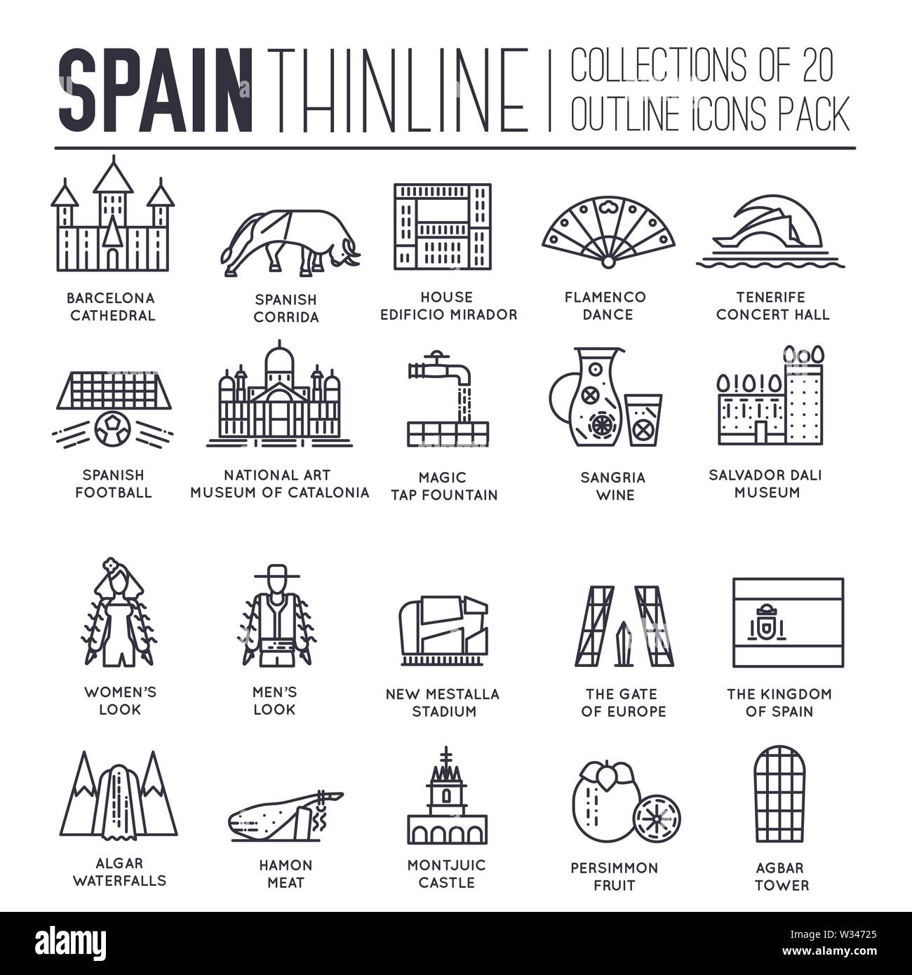 Conjunto de símbolos culturales y atracciones turísticas de España línea delgada iconos en blanco. Esquema de arquitectura colección de pictogramas. Monumentos, gastronomía, Ilustración del Vector
