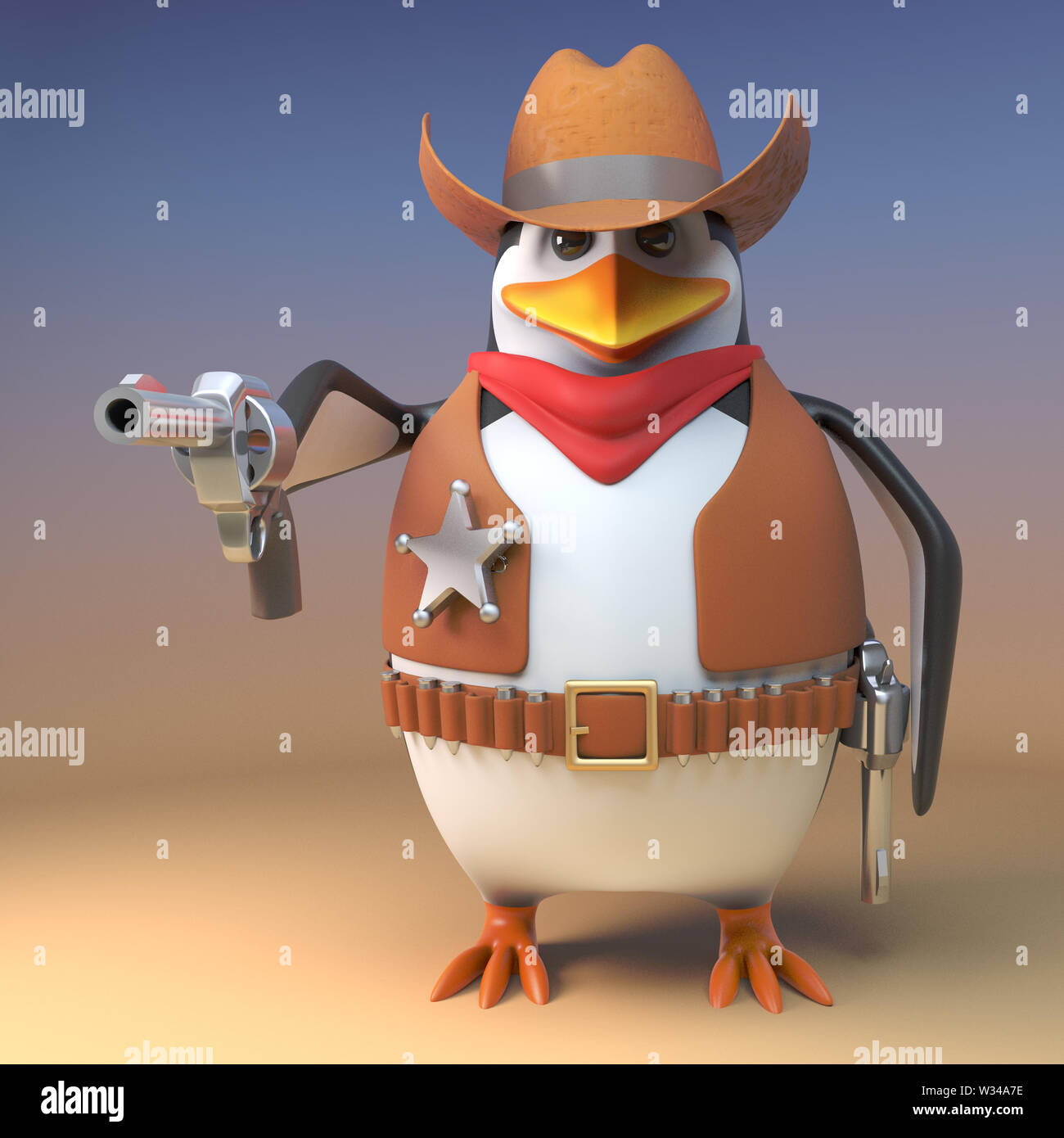 Wild West penguin sheriff vaquero ha sacado su pistola y apunta en el visor 3D Render ilustración Foto de stock