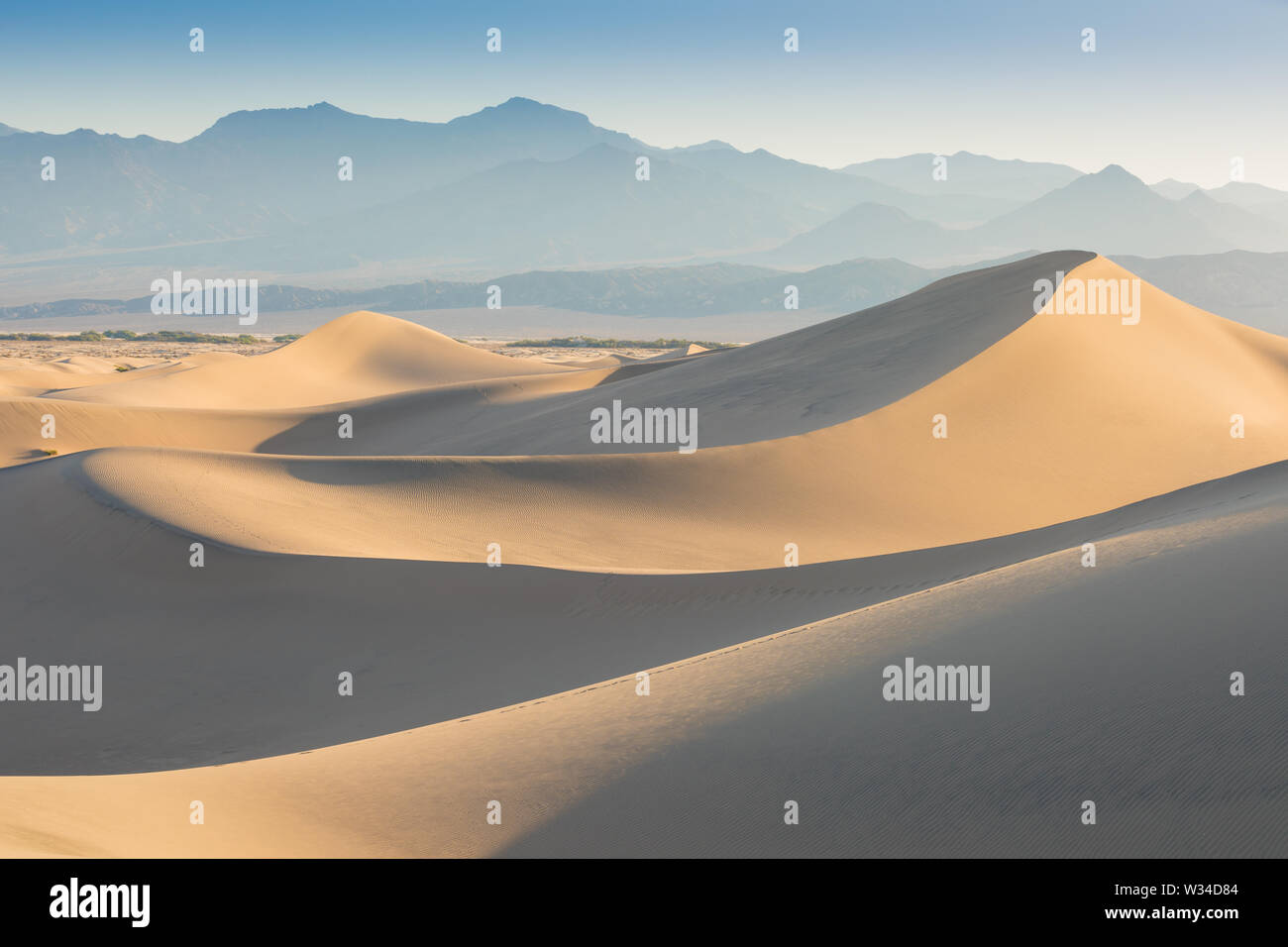 La primera luz del día a lo largo de dunas de arena y montañas en Mesquite flat dunes, Parque Nacional Valle de la Muerte, California, EE.UU Stovepipe Wells dunas de arena Foto de stock