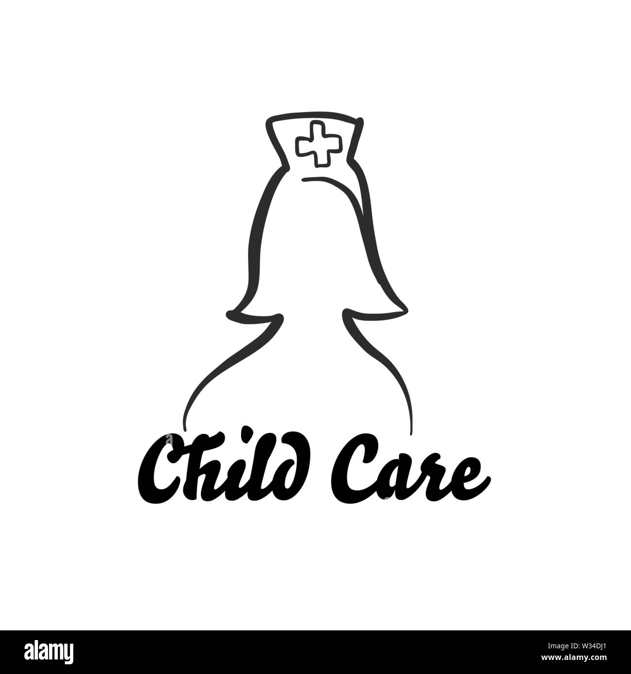 Icono de cuidado infantil con la enfermera. Símbolo logotipo dibujado a mano para t-shirt prints y marketing online. Ilustración del Vector