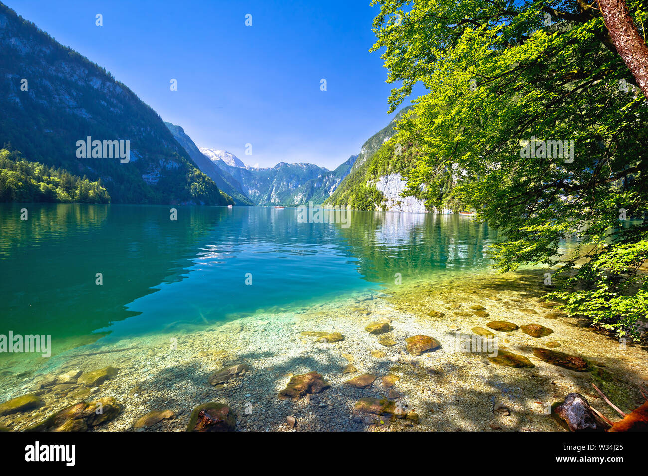 Konigssee lago alpino idílica costa acantilados vista, Berchtesgadener Land de Baviera, Alemania Foto de stock