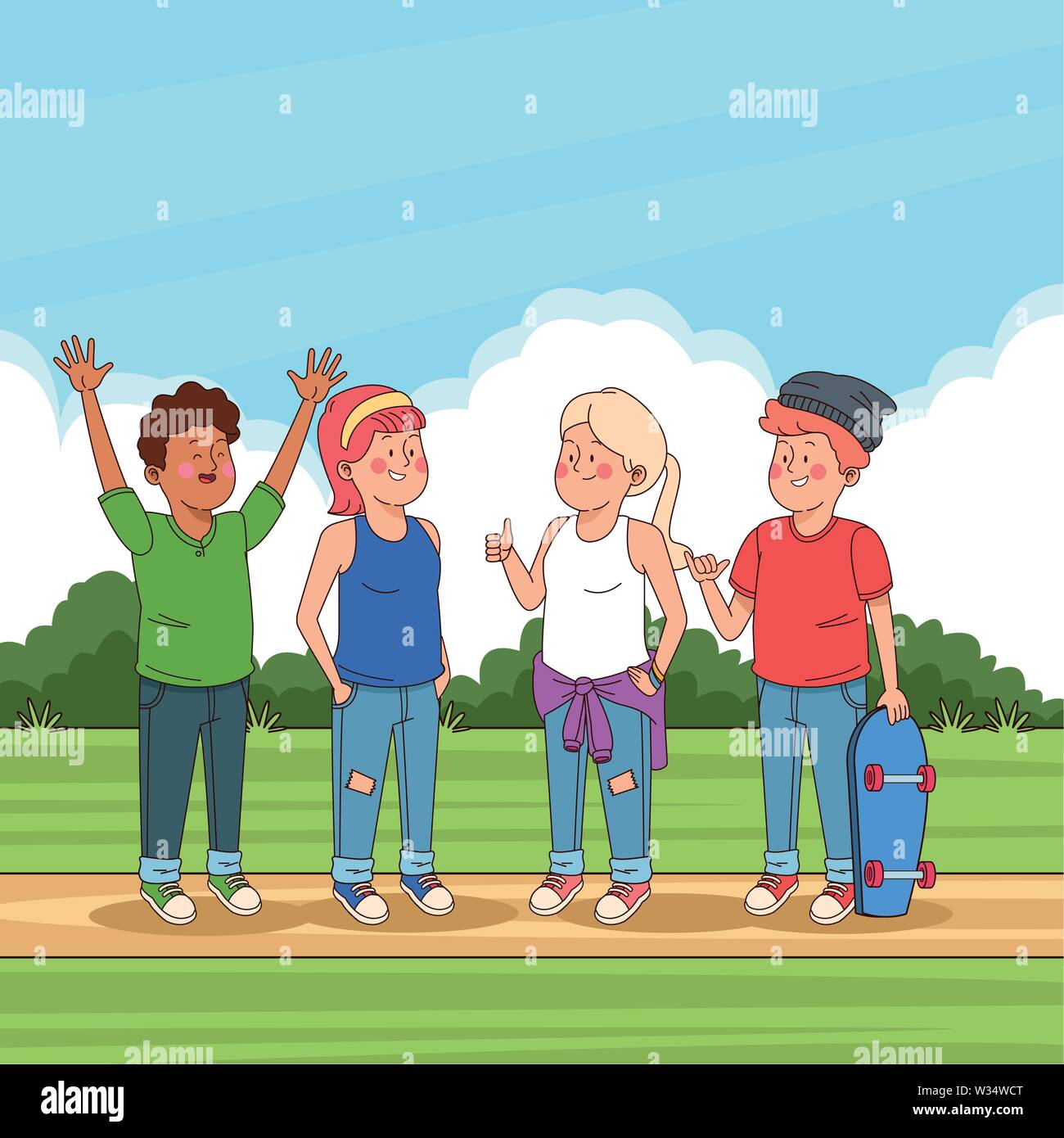 Los adolescentes amigos en el parque dibujos animados Imagen Vector de  stock - Alamy