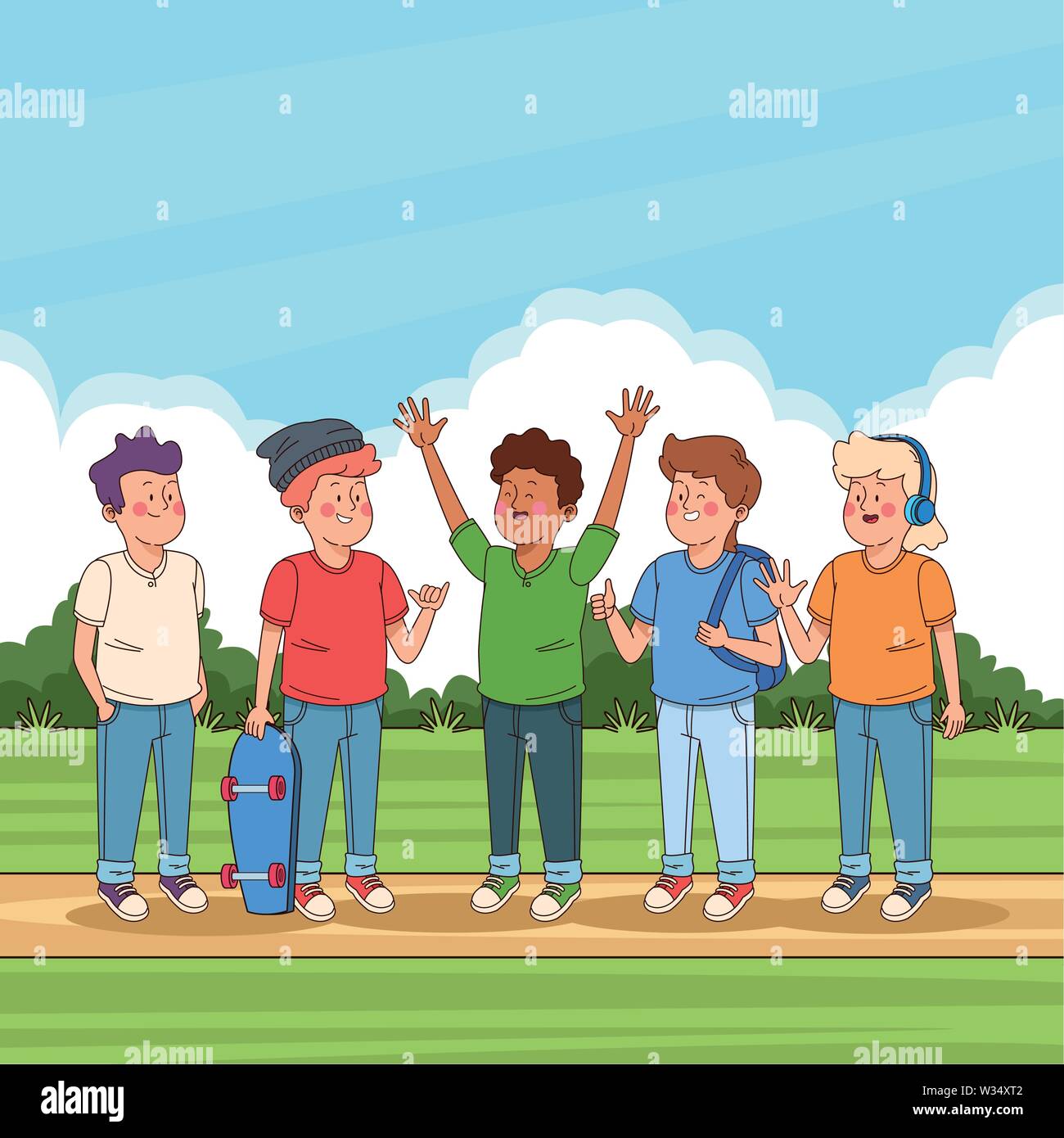 Los adolescentes amigos en el parque dibujos animados Imagen Vector de  stock - Alamy