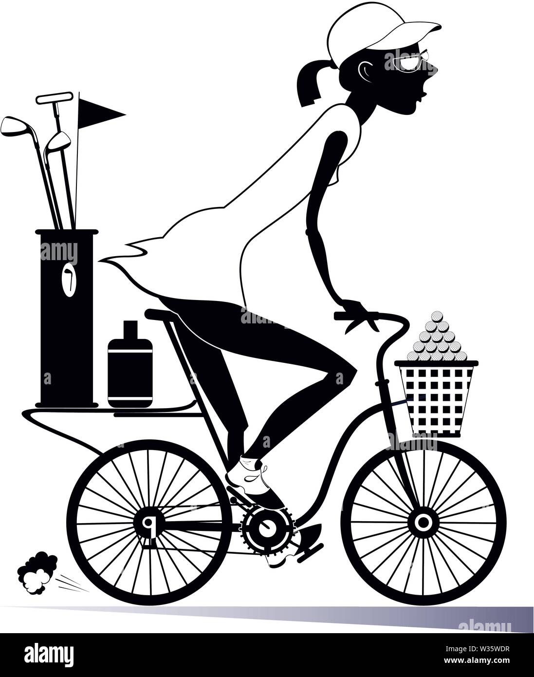 Mujer sonriente monta la bicicleta y va a jugar al golf ilustración aislada  Imagen Vector de stock - Alamy