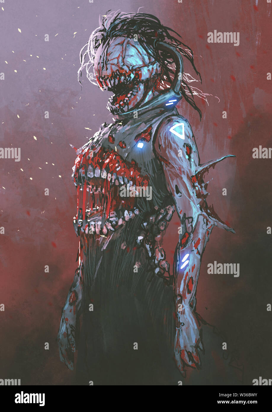 Creepy zombie con boca sangrienta en el medio del cuerpo, arte digital, Ilustración estilo de pintura Foto de stock