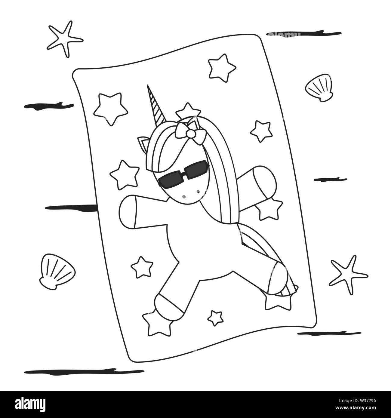 Caricatura Unicornio En La Playa Divertido Vector Ilustracion En Blanco Y Negro Para Colorear Arte Imagen Vector De