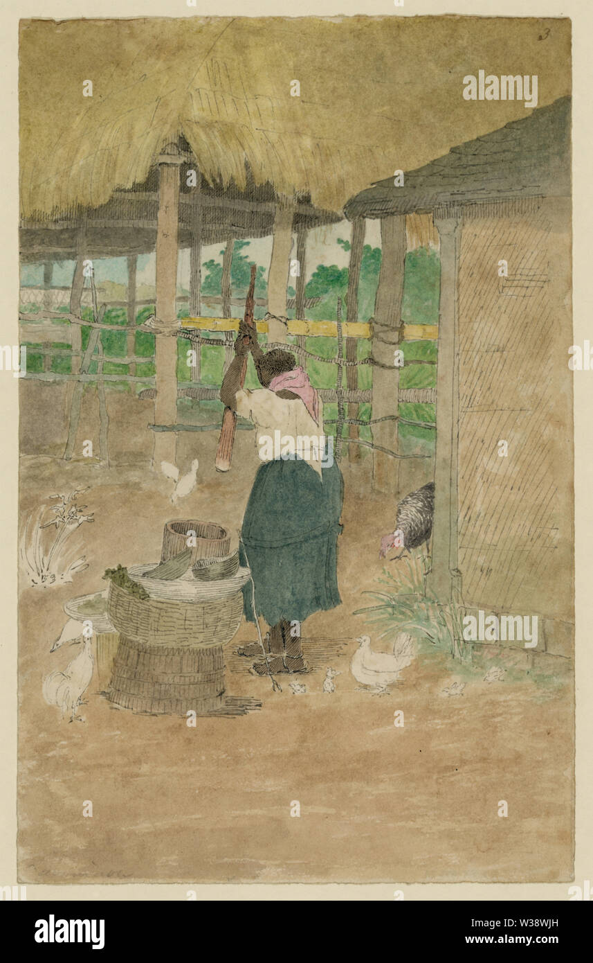 Vista trasera de la mujer negra en el patio, pollos y estructura de techo de paja en las cercanías. 1 : dibujo acuarela y tinta gris, 19,2 x 12,9 cm. (Hoja) Foto de stock