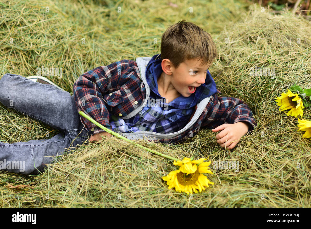 Simplemente relajarse. Relájese en el niño pequeño trastero. Pequeño niño acostado en trastero en el campo. Una forma estupenda de relajarse Foto de stock