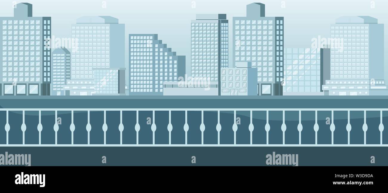 Paseo con vistas de los rascacielos de la ciudad. Paisaje urbano. Selva de piedra. Cartoon ilustración vectorial plana Ilustración del Vector