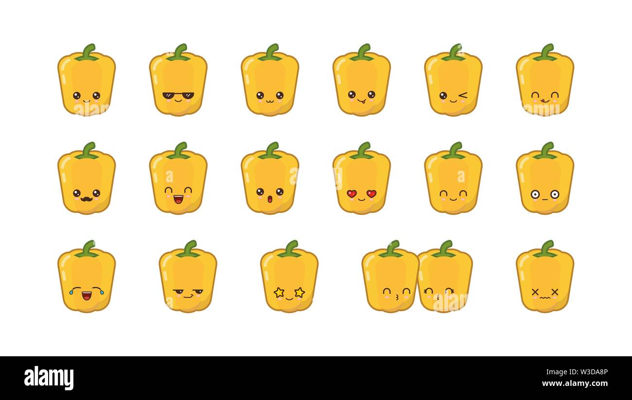 Pimiento amarillo cute kawaii mascota. Establecer kawaii comida rostros expresiones sonrisa emoticonos. Ilustración del Vector