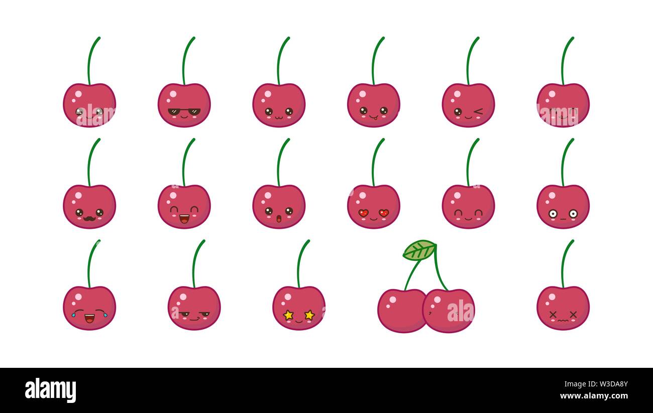Cherry cute kawaii mascota. Establecer kawaii comida rostros expresiones sonrisa emoticonos. Ilustración del Vector