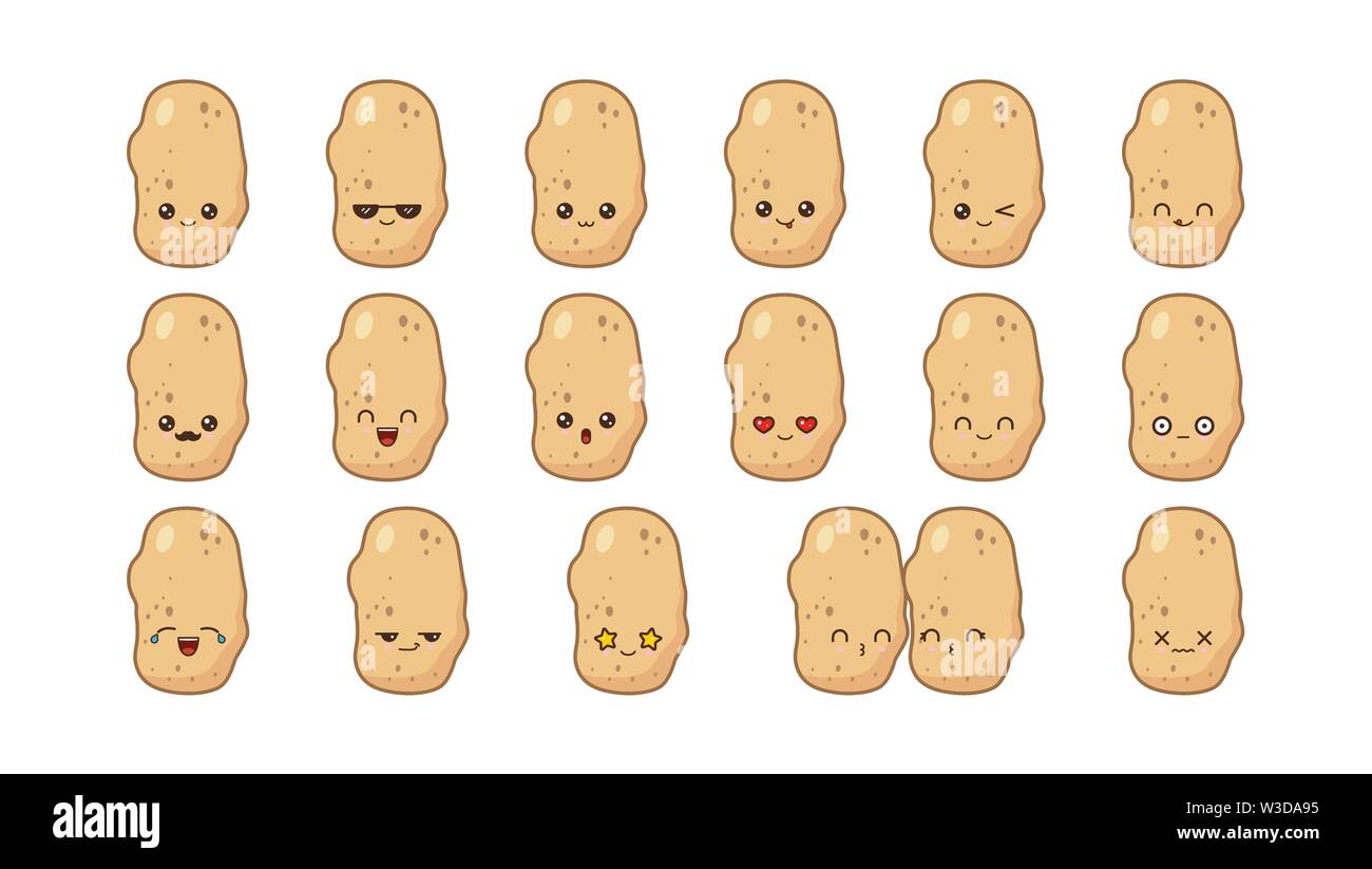 Patatas cute kawaii mascota. Establecer kawaii comida rostros expresiones sonrisa emoticonos. Ilustración del Vector