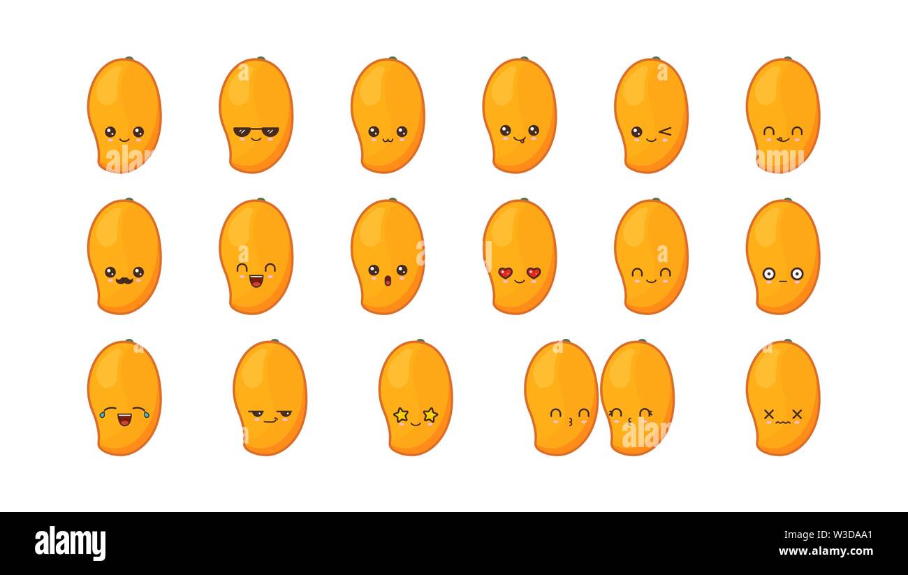 Mango cute kawaii mascota. Establecer kawaii comida rostros expresiones sonrisa emoticonos. Ilustración del Vector
