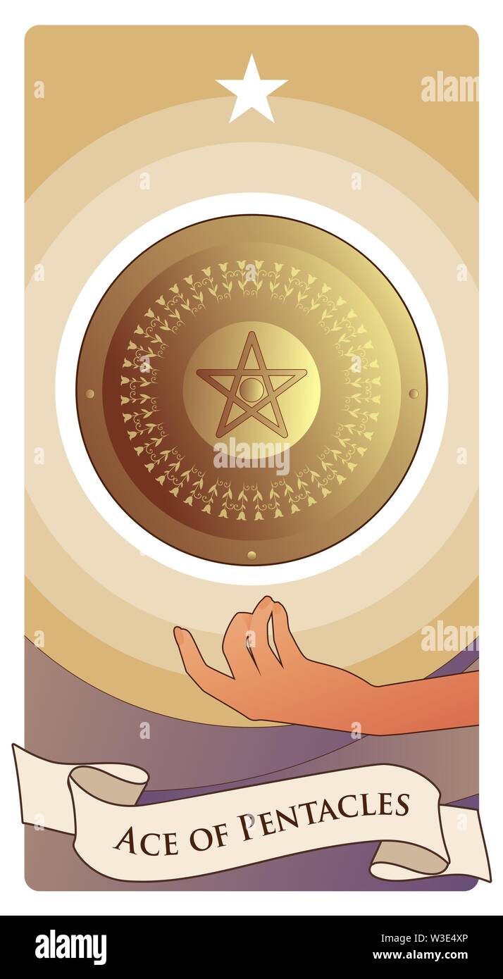 Los ases del Tarot. Pentacles. Escudo de Oro con pentacle en el centro,  flotando en una mano y coronado por una estrella Imagen Vector de stock -  Alamy