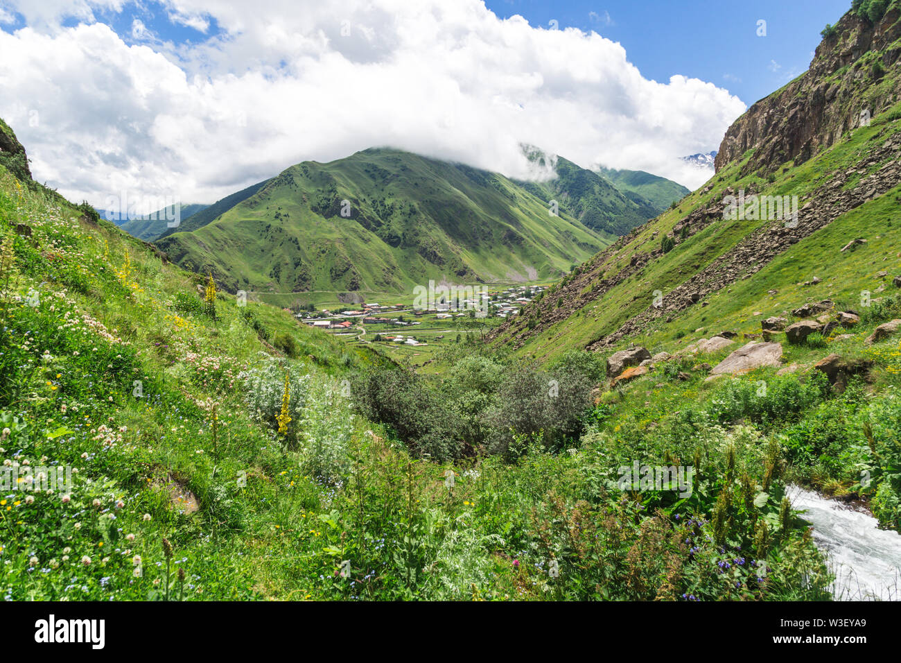 Impresionante paisaje de montaña en Georgia en un día soleado de verano. Alpino verde prado en el Cáucaso highlands. Valle idílico en montes Svaneti. Foto de stock