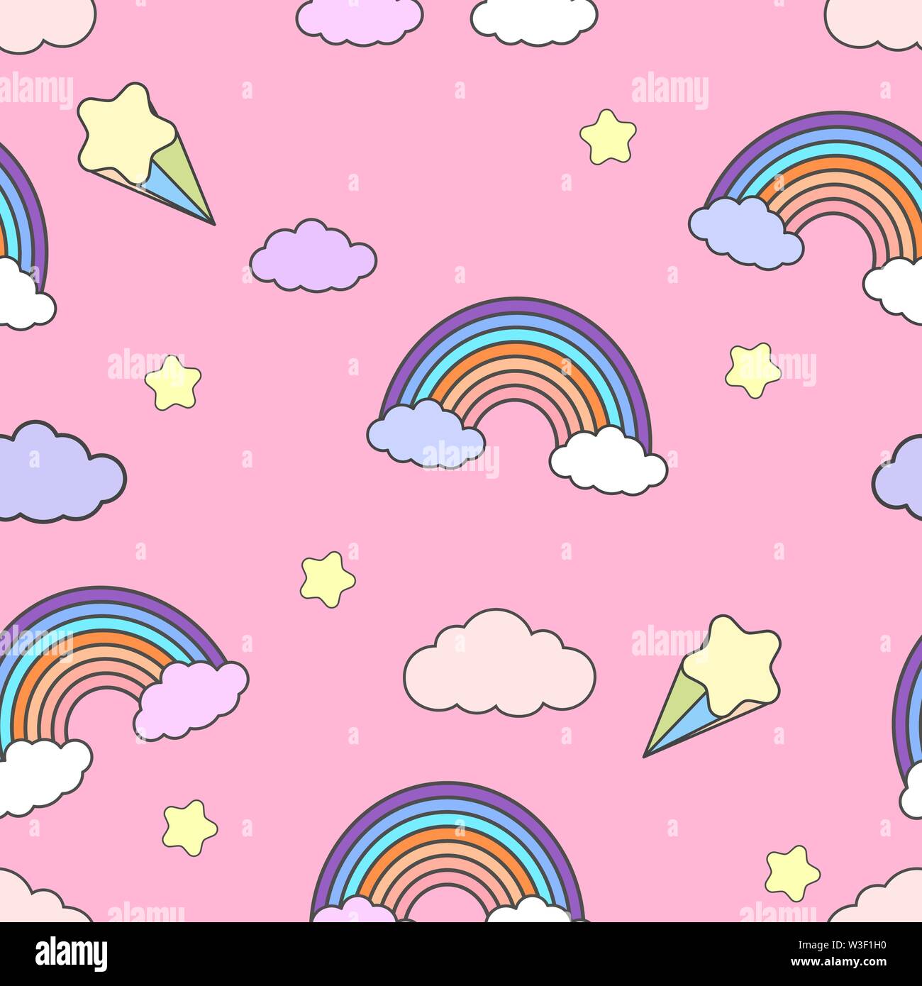 Vector Patron Sin Fisuras Con Arcoiris Ilustracion En El Estilo De Dibujos Animados Con Arco Iris Nubes Y Estrellas Sobre Un Fondo De Color Rosa Imagen Vector De Stock Alamy