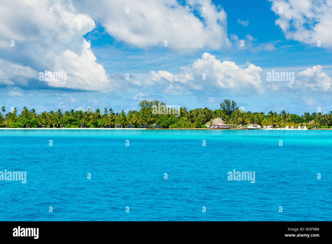 El hermoso paisaje del Océano Índico desierta playa de arena, a la sombra de palmeras y plantas tropicales Foto de stock