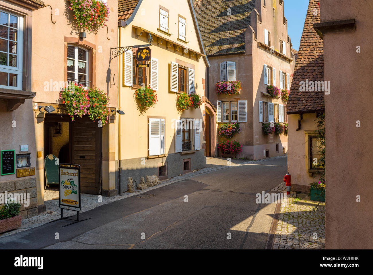 Mittelbergheim, vino típico pueblo en la Ruta del Vino de Alsacia con casas florecidas, miembro de los pueblos más bellos de Francia Foto de stock