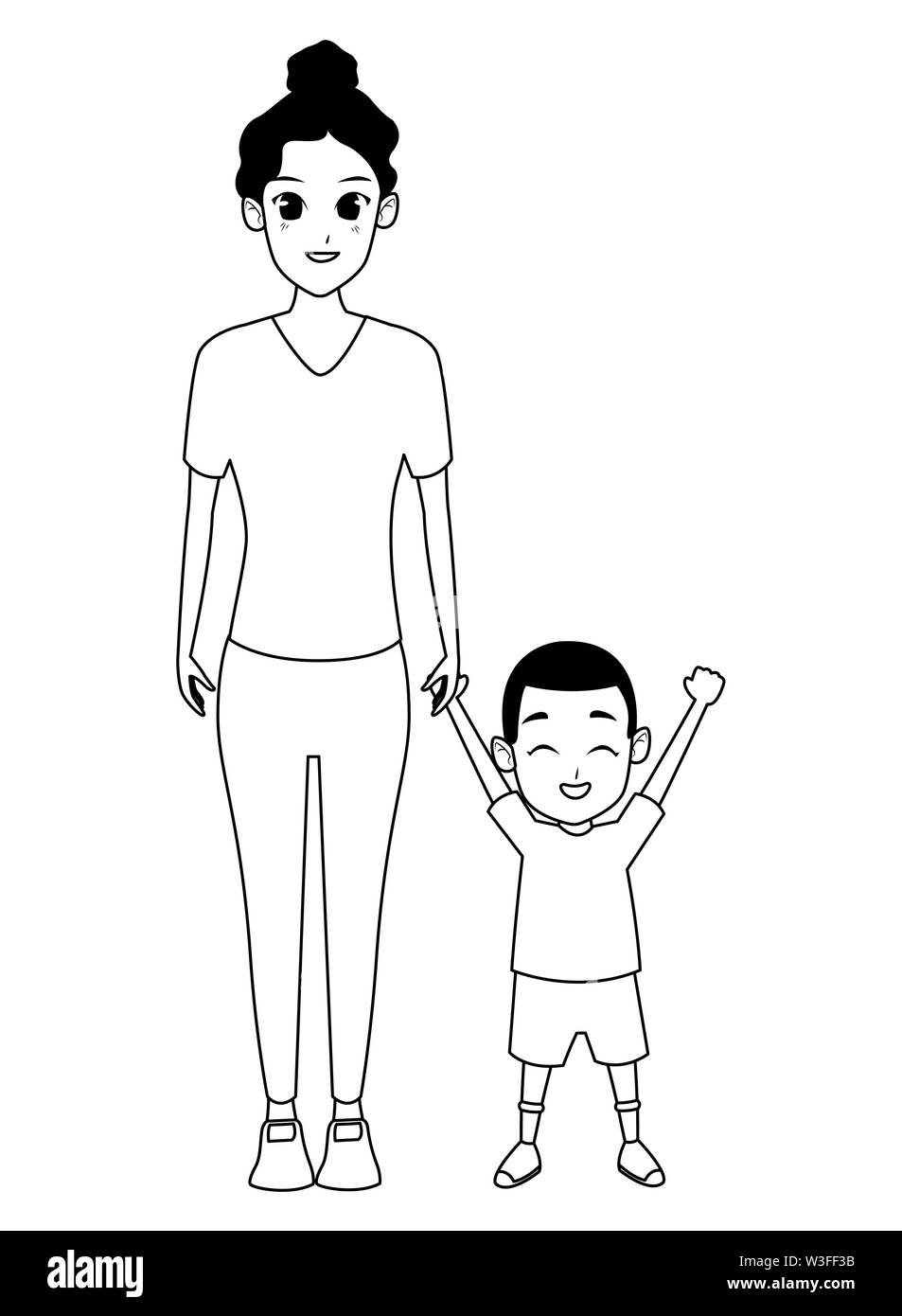 Madre Sola Con Hijos Caricatura En Blanco Y Negro Imagen Vector De Stock Alamy