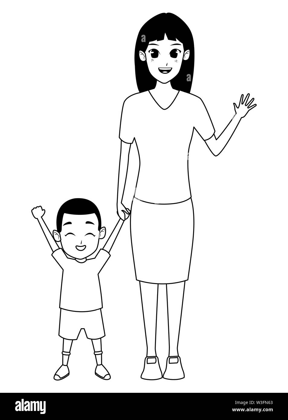 Madre Sola Con Hijos Caricatura En Blanco Y Negro Imagen Vector De Stock Alamy
