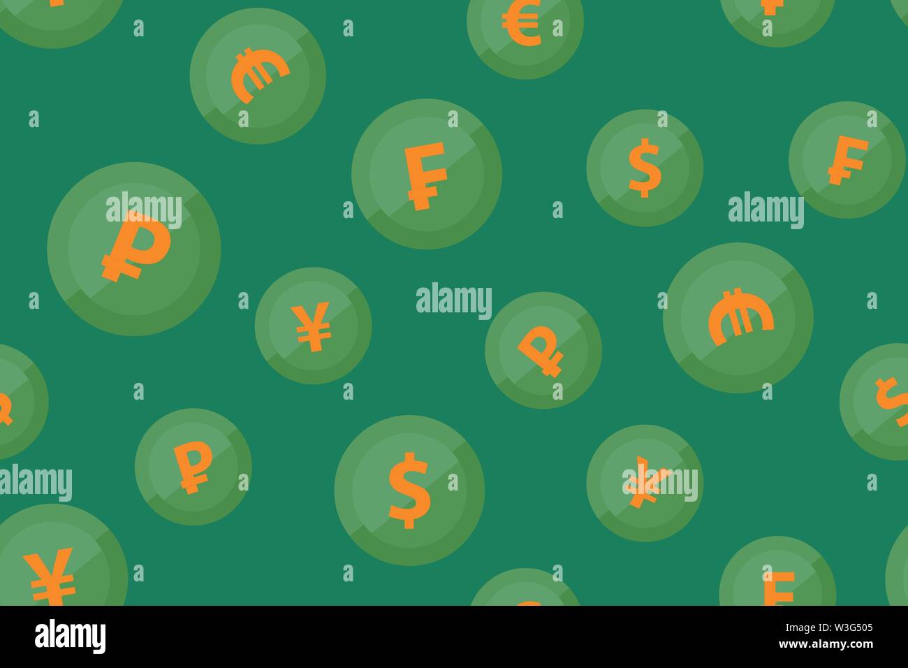 Monedas signos sobre fondo verde. Vector patrón sin fisuras con la ronda de iconos populares símbolos de dinero. Ilustración del Vector