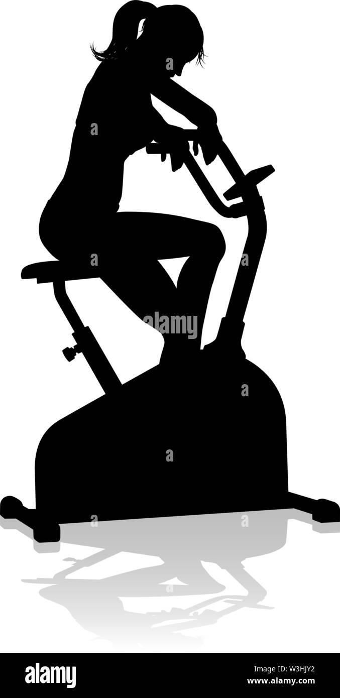 Gimnasio Mujer silueta inmóvil ejercicio spin bike Ilustración del Vector