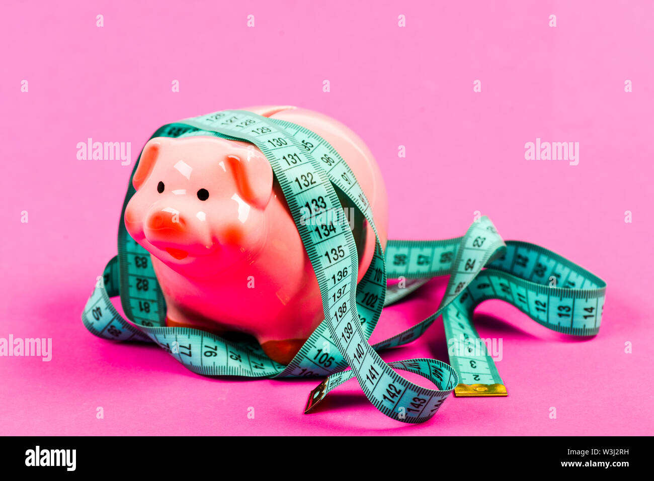 La economía y las finanzas. Trampa de cerdo. Crisis presupuestaria. La planificación presupuestaria. Problema de negocios. Limitados o restringidos. Hucha y cinta métrica. Límite de presupuesto concepto. Crédito de la deuda del préstamo. Asesoría Financiera. Foto de stock