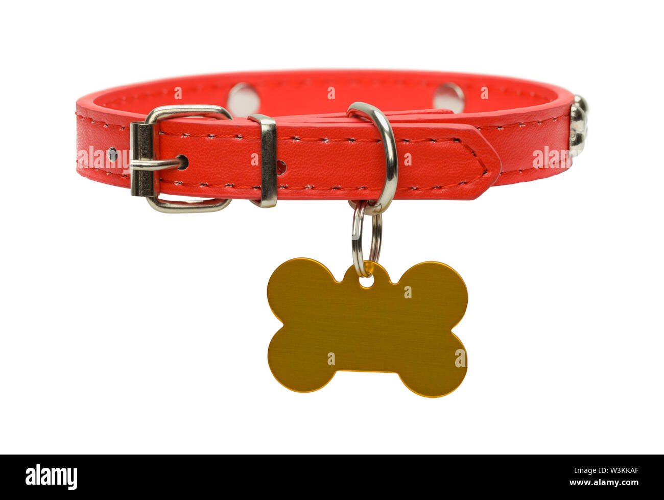 Collar de perro de cuero rojo con oro Dog Tag aislado en blanco. Foto de stock