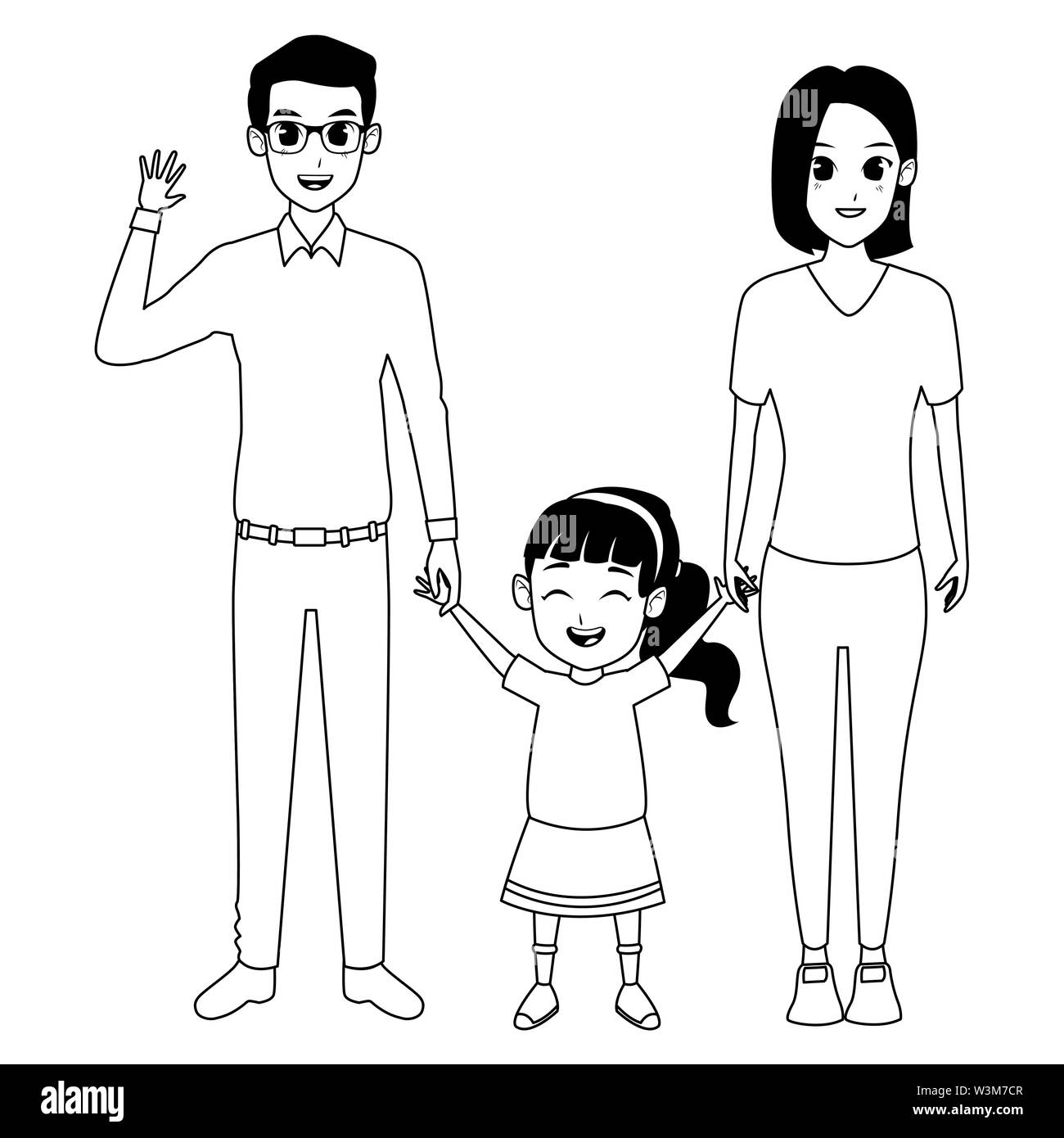 Los padres de familia y ni??os caricaturas en blanco y negro Imagen