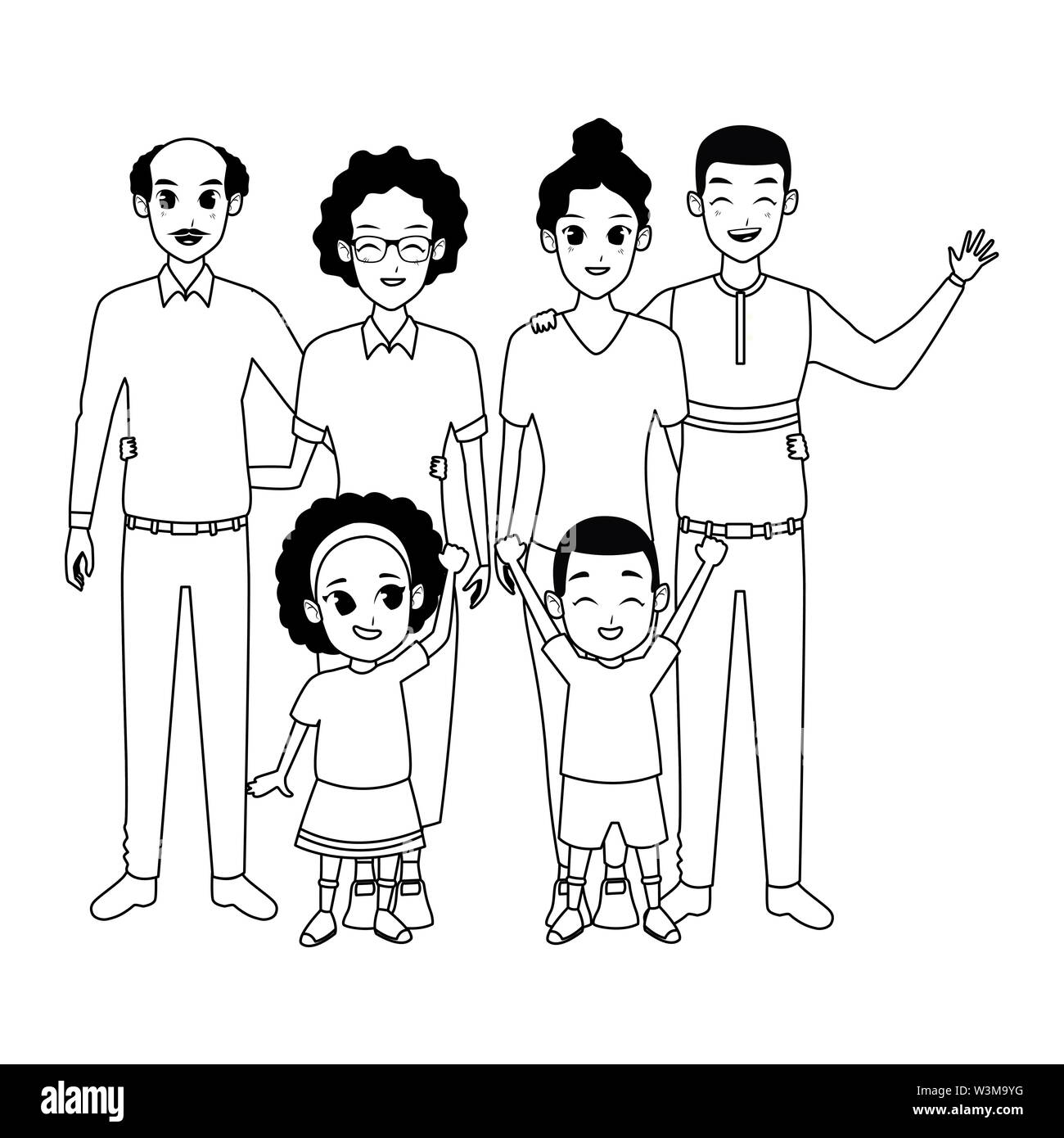 Los padres de familia y niños caricaturas en blanco y negro Imagen Vector  de stock - Alamy