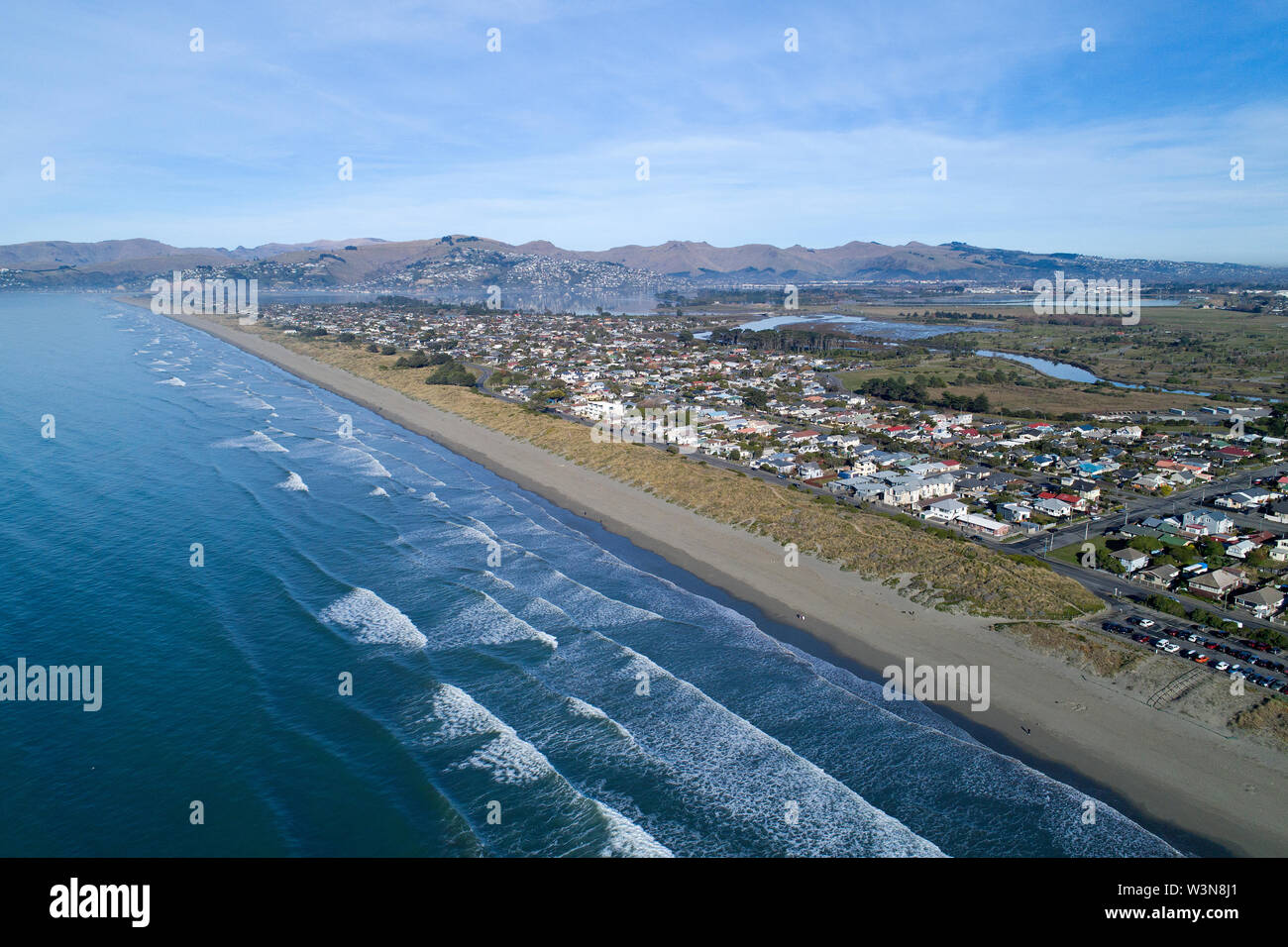 New Brighton Beach, Christchurch, Isla del Sur, Nueva Zelanda - antena drone Foto de stock