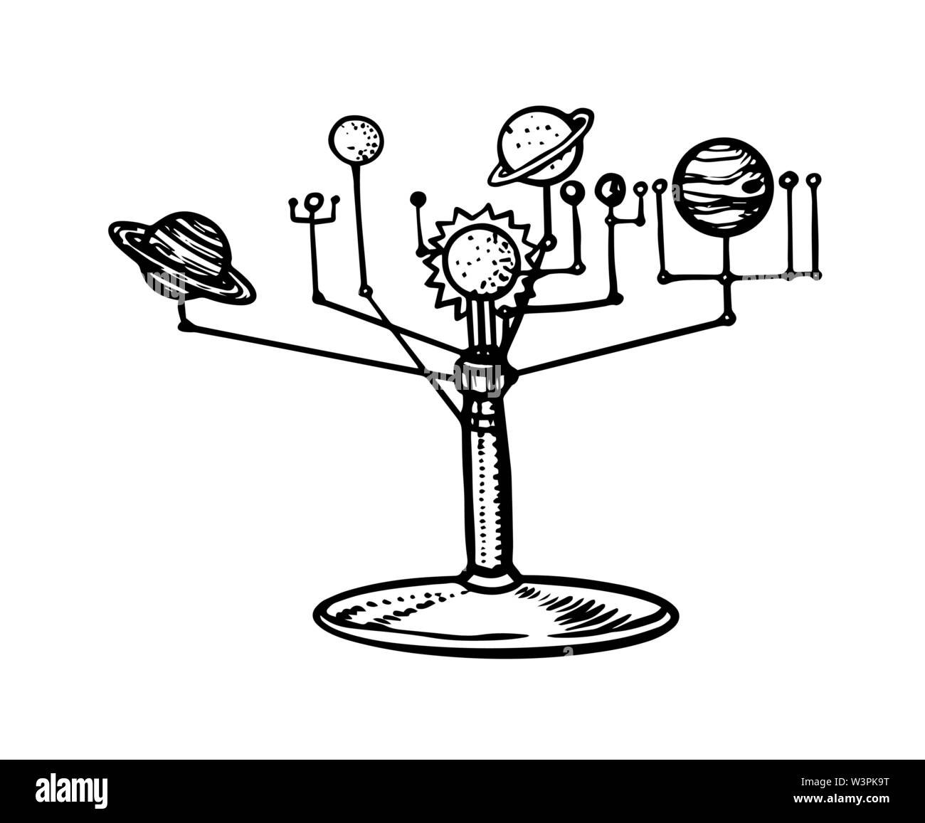 Modelo mecánico del Sistema Solar, los planetas en el espacio. O Tellurion  Orrery. Astronomía boceto para el emblema o logotipo en el estilo de época.  Dibujadas a mano Imagen Vector de stock -