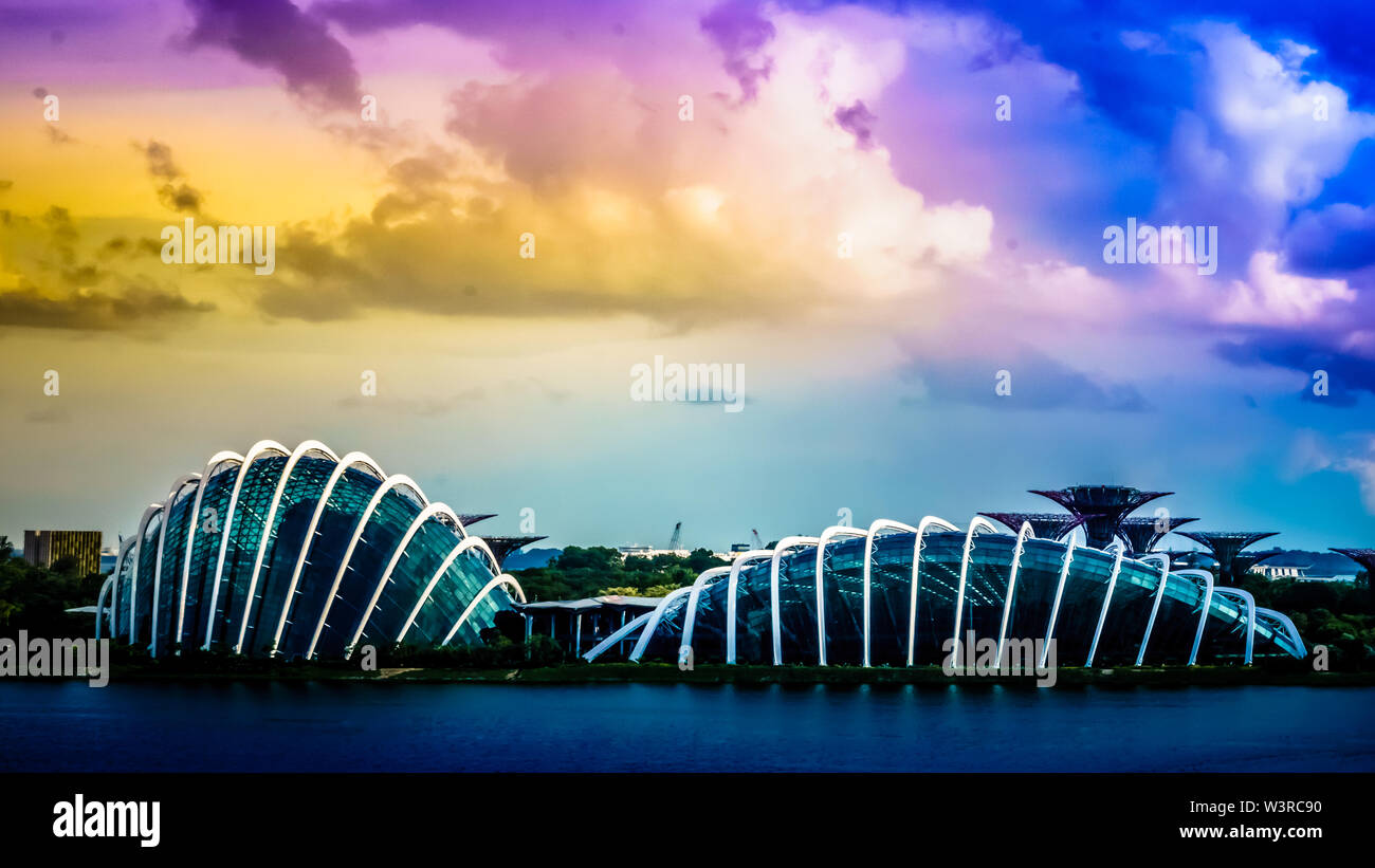 Singapur - Jun 11 , 2019: jardines junto a la bahía de Marina Bay con cúpula de flores, bosque nuboso, Supertree Grove y Marina Barrage en vista, Singapur. Foto de stock