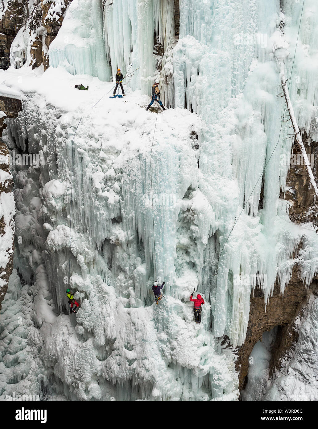 Parque Nacional de Banff, Alberta, Canadá - Enero 11, 2015: el escalador de hielo en una cascada congelada en Johnston Canyon Foto de stock