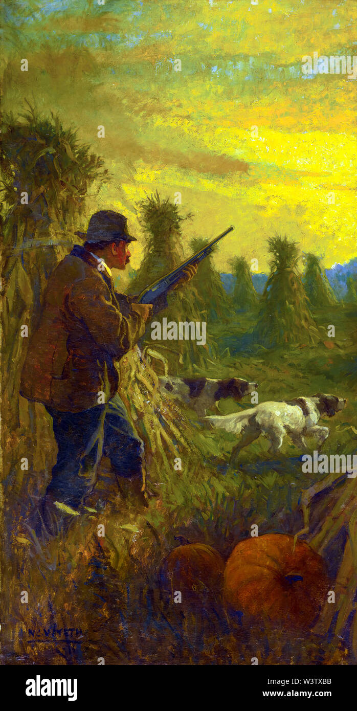 Cazador con dos perros en el maizal por N.C. Wyeth Foto de stock