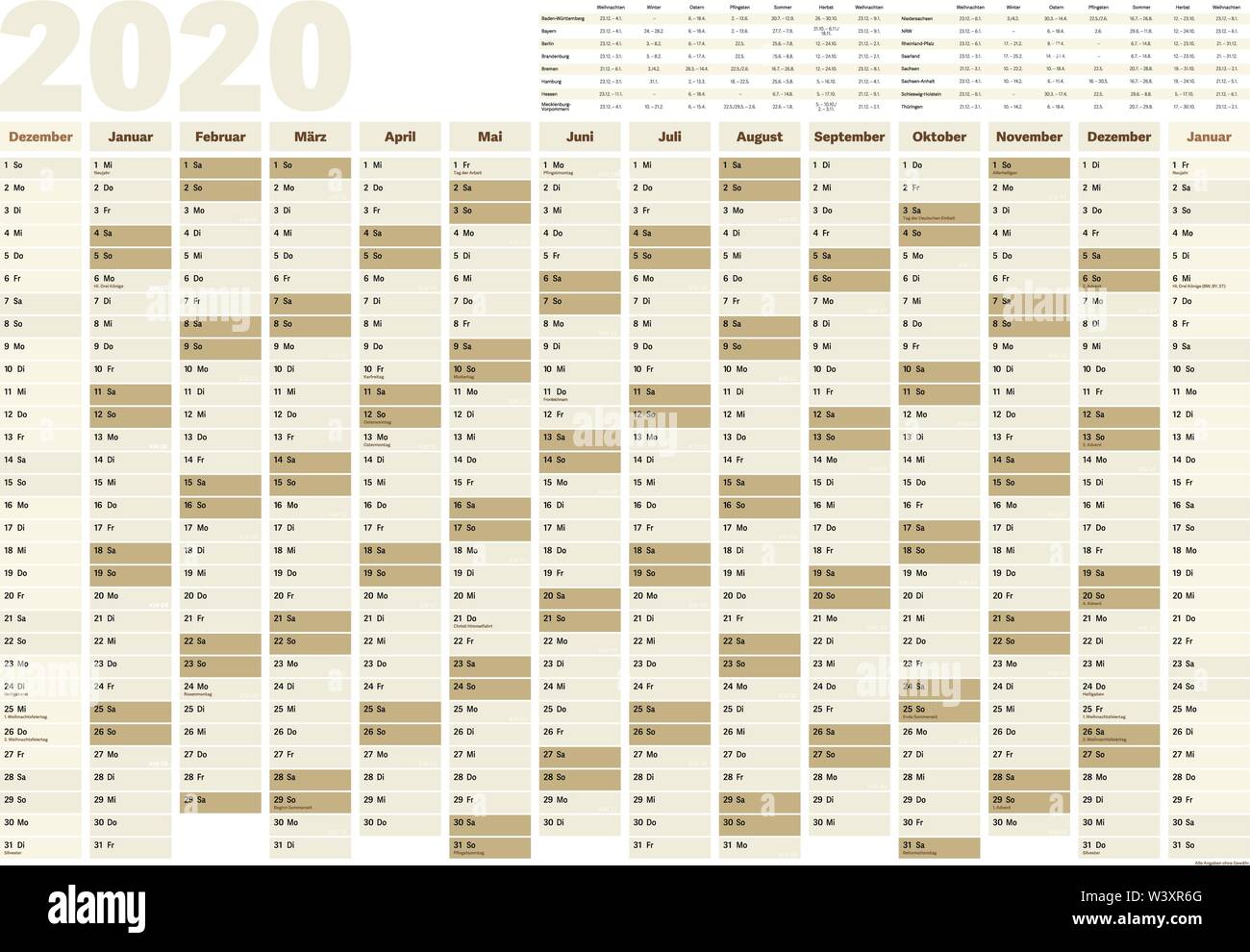Pared Planificador Anual O Calendario Para El Ano 2020 Con Los Alemanes De Vacaciones Y Las Fechas De Las Vacaciones Escolares Para Todos Los Estados Federales De Alemania Imagen Vector De Stock calendario escolar en alemania 2021