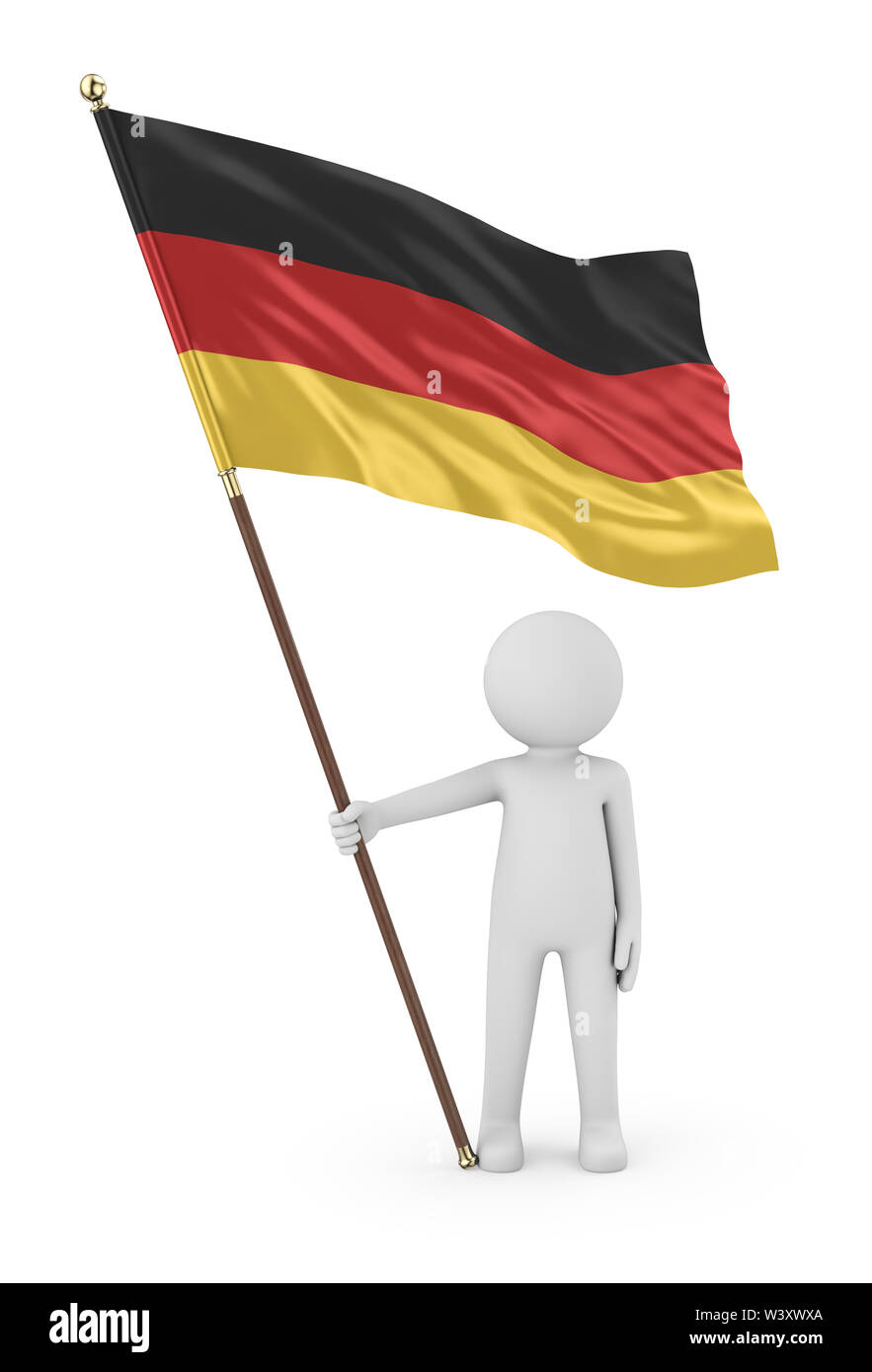 Stickman patriota alemán sosteniendo la Bandera Nacional de la República Federal de Alemania 3D Ilustración sobre fondo blanco. Foto de stock
