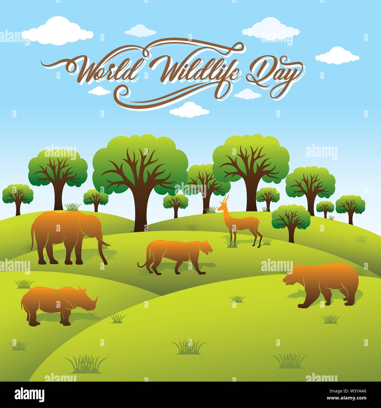 Diseño de banner del Día Mundial de la fauna silvestre, animales en el bosque diseño por concepto de trazo de pincel Ilustración del Vector