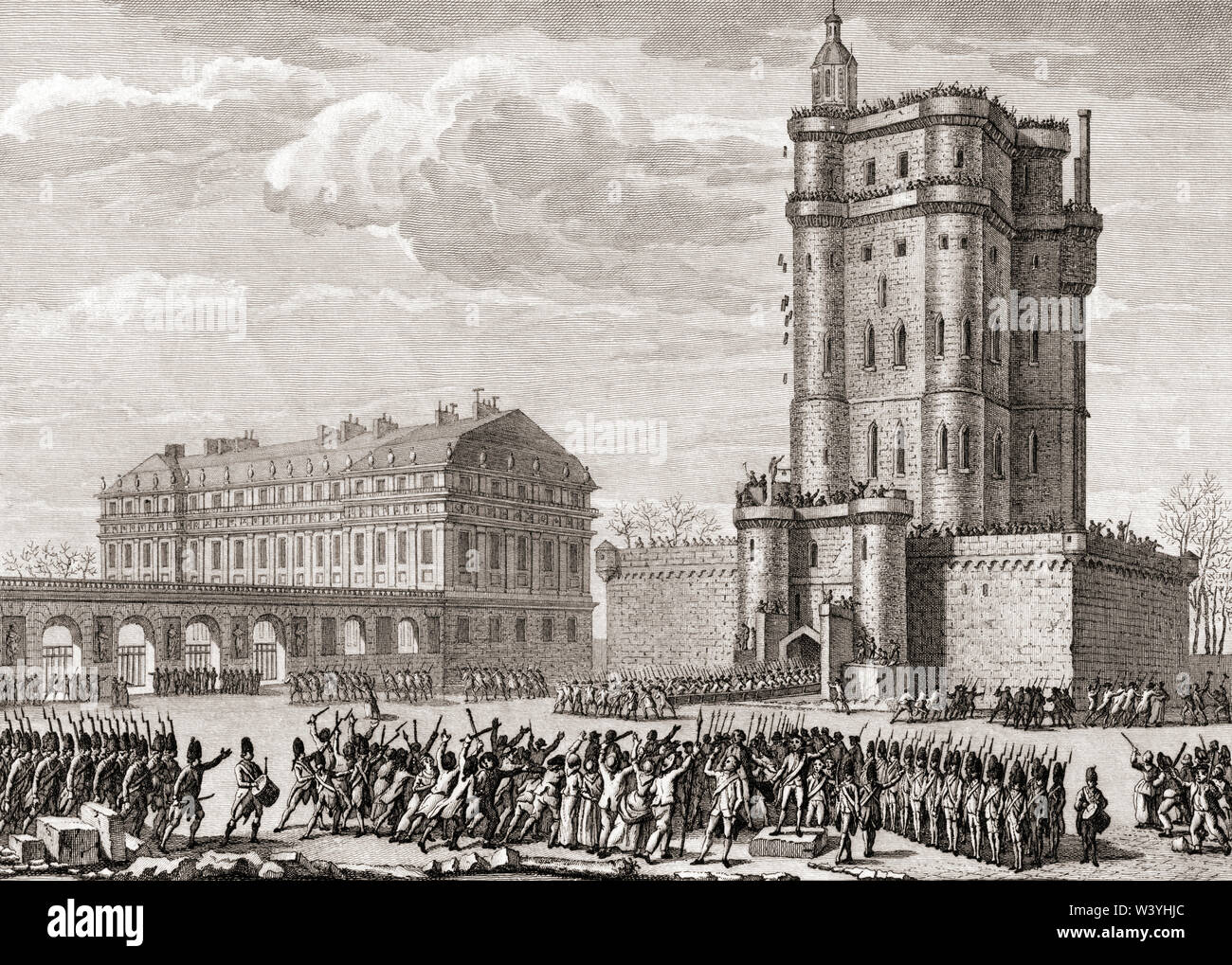 Soldados en coche una asonada mob empeñados en destruir el Château de Vincennes, Paris, Francia, 28 de febrero de 1791. Foto de stock
