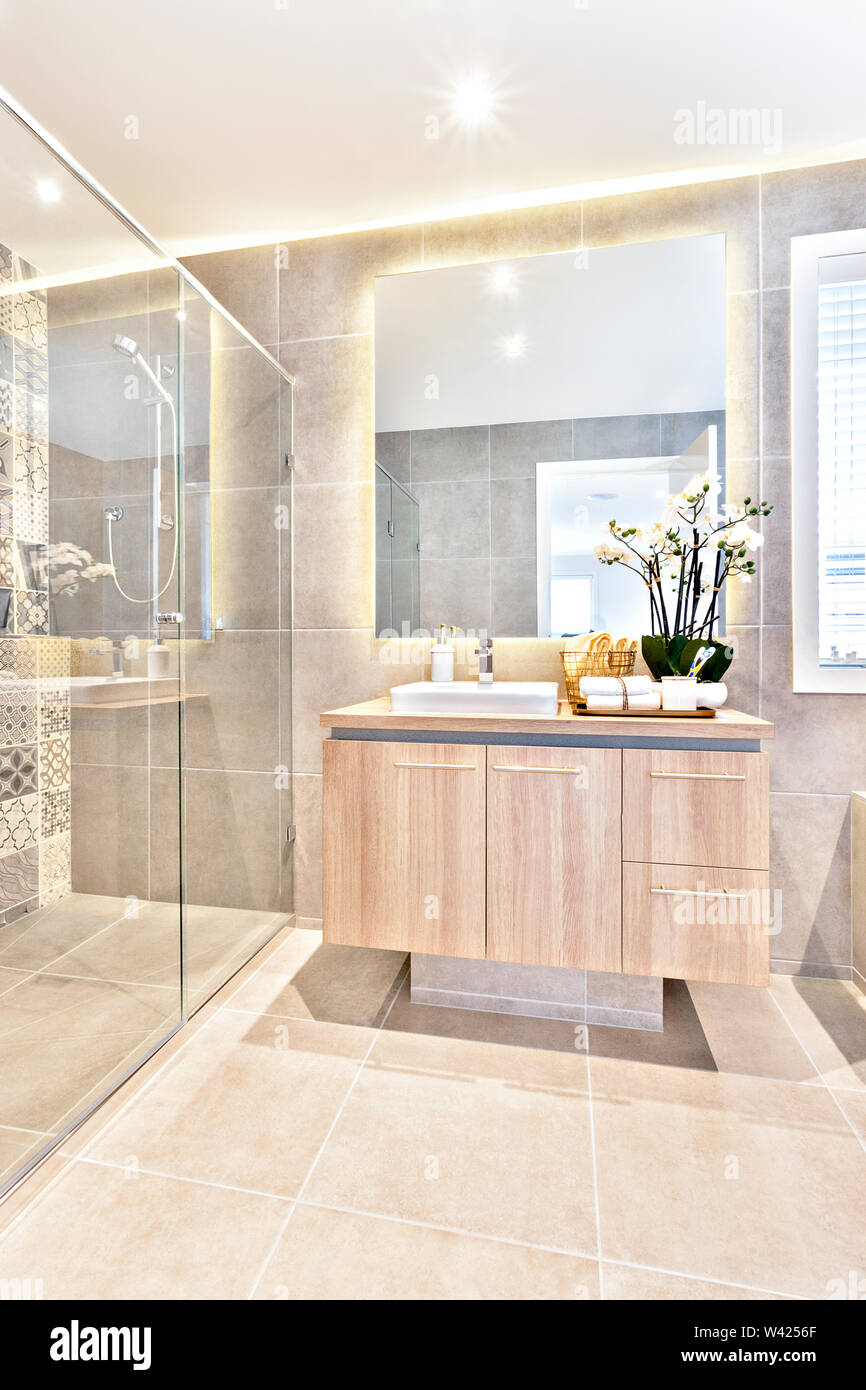 Lujoso baño área de lavado con el espejo y ducha al lado de la muro patrón  las baldosas del piso, el armario de madera y el contador se mantiene el  flujo blanco