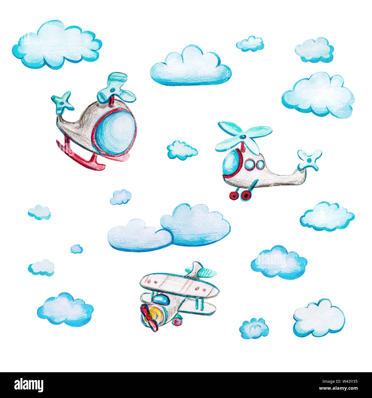 Acuarela de niños con aviones. Acuarela ilustración con aviones, helicópteros y nubes y sobre fondo blanco. Dibujado a mano penc color Foto de stock