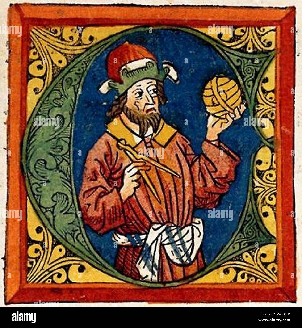 Claudio Tolomeo - en una miniatura del trattato 'Geografia' stampato un Ulm (Germania) nel 1482. Foto de stock